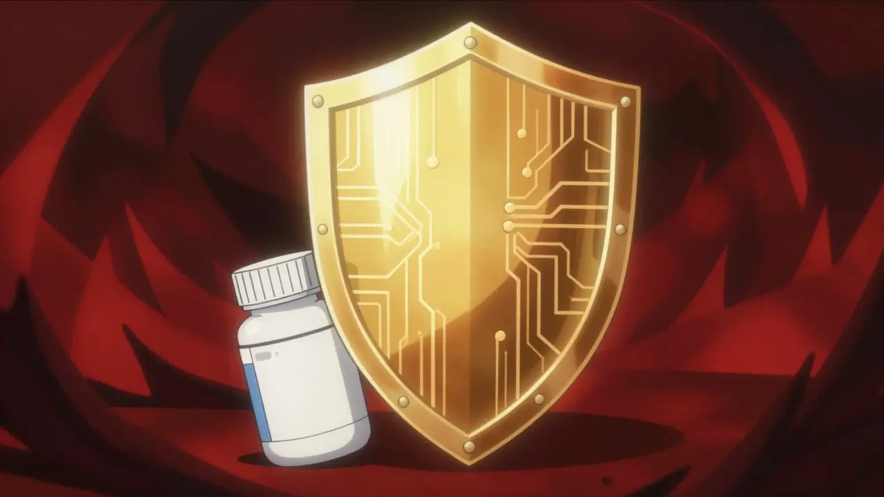 Golden shield protecting medicine from scams in manga art