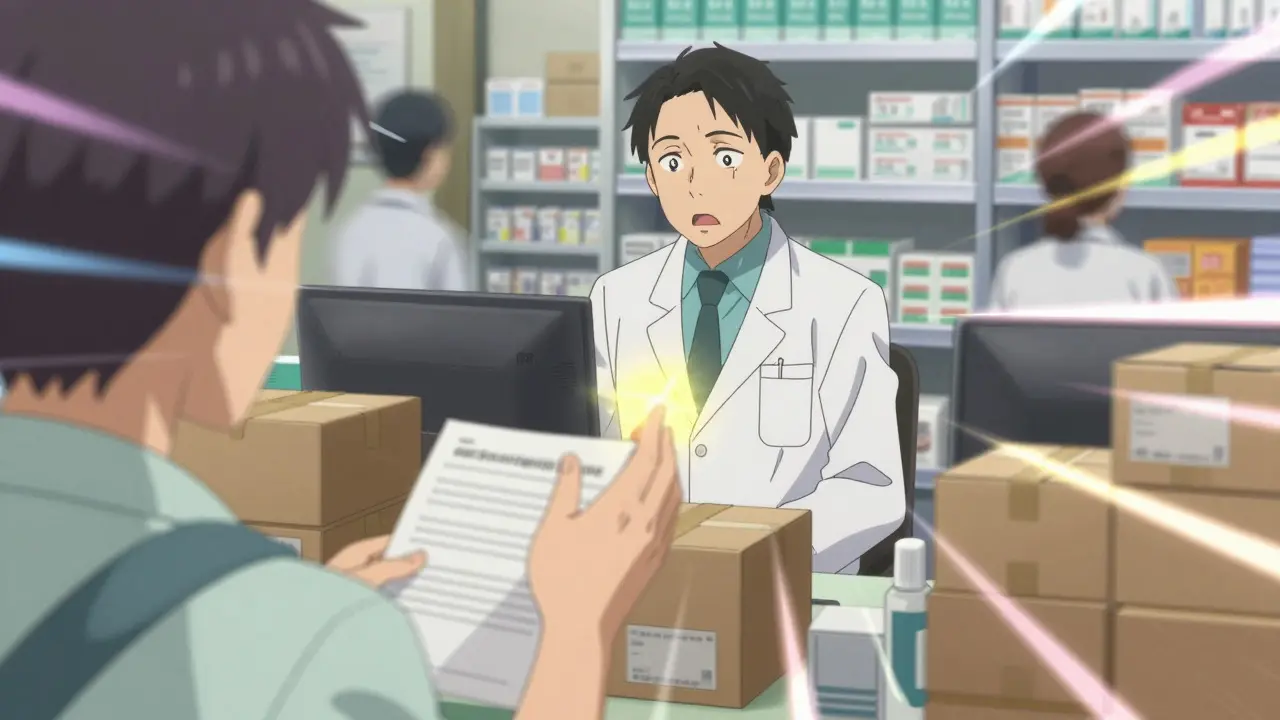 Overwhelmed pharmacist in busy pharmacy as patient requests documents