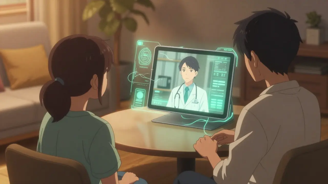 Patient consulting doctor via holographic tablet in modern home