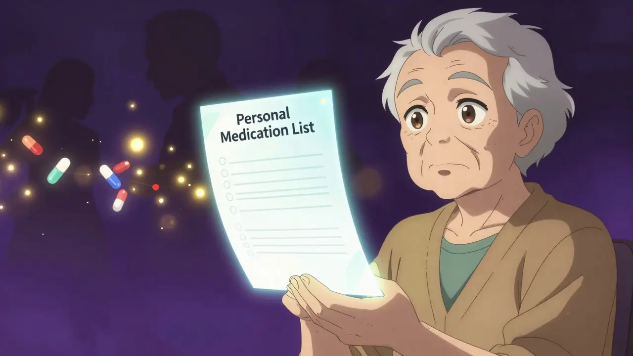 Patient holding glowing medication list with fading shadows