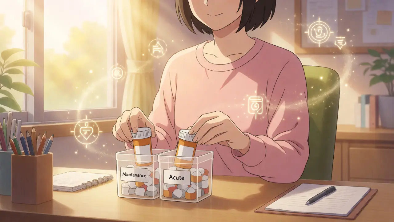 Person organizing pills into maintenance and acute categories at home