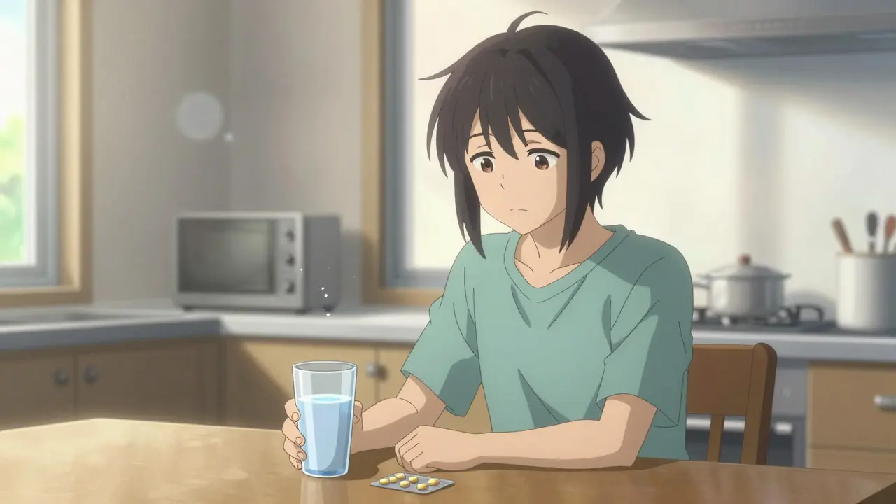 Person relaxing with medication and water in anime style