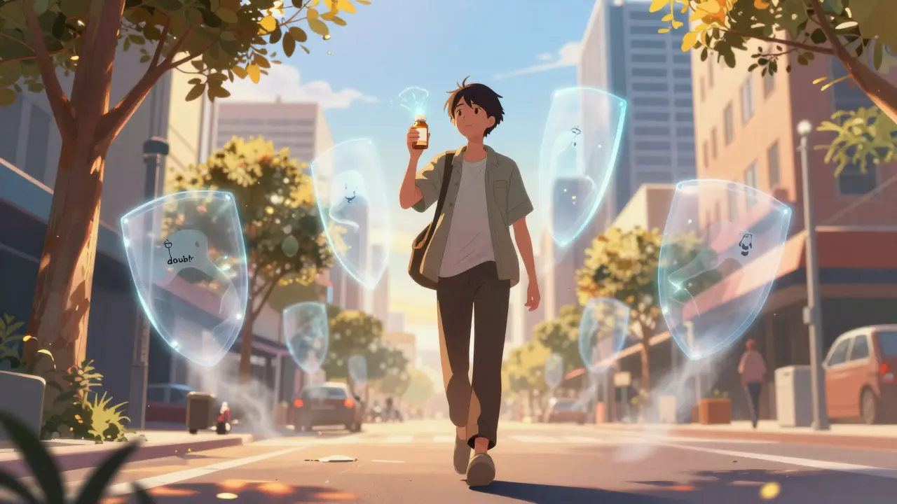Person walking in a city protected by light shields against negative thoughts, holding a medicine bottle