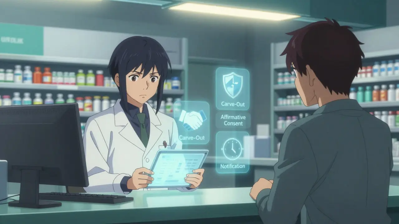Pharmacist and patient discussing prescription options in a futuristic pharmacy setting with holographic icons