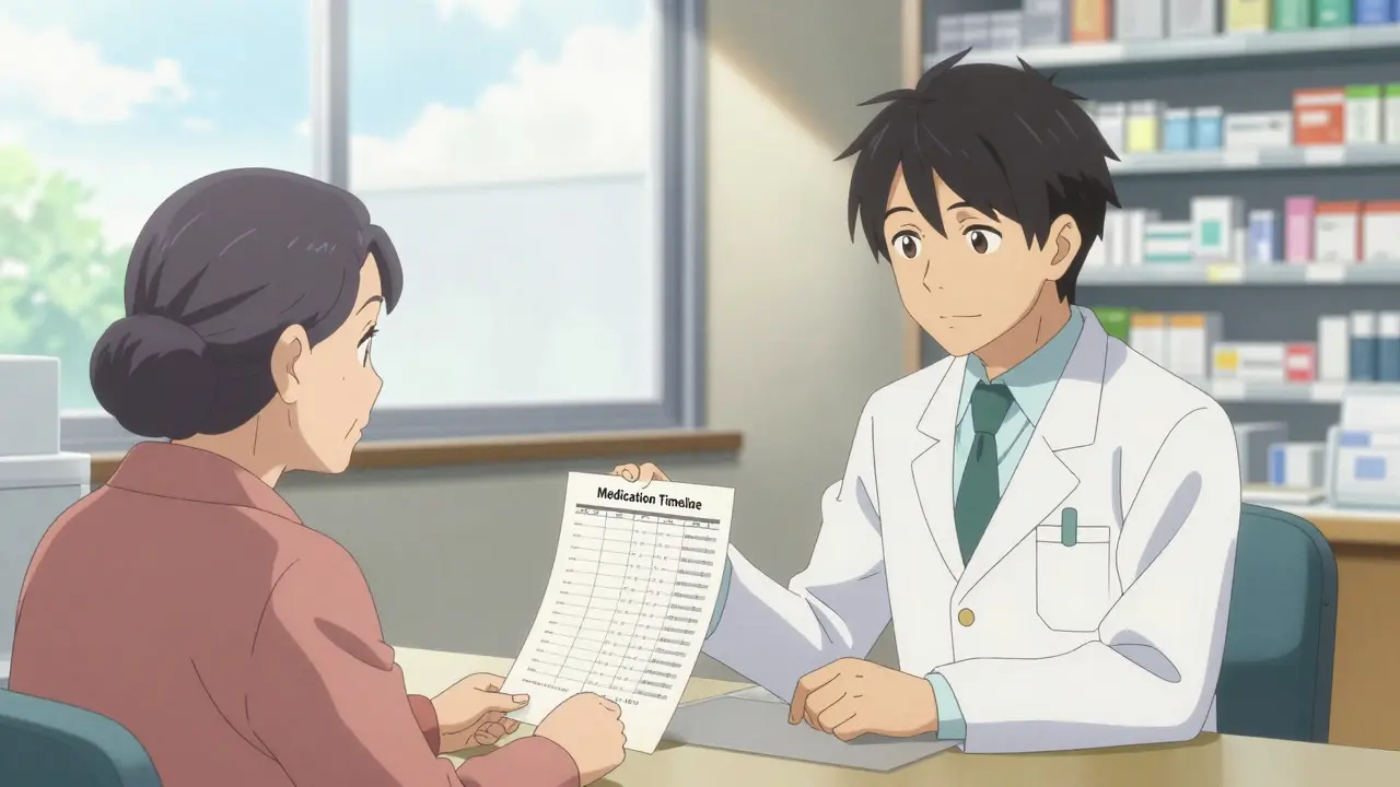 Pharmacist reviewing medication timeline with patient