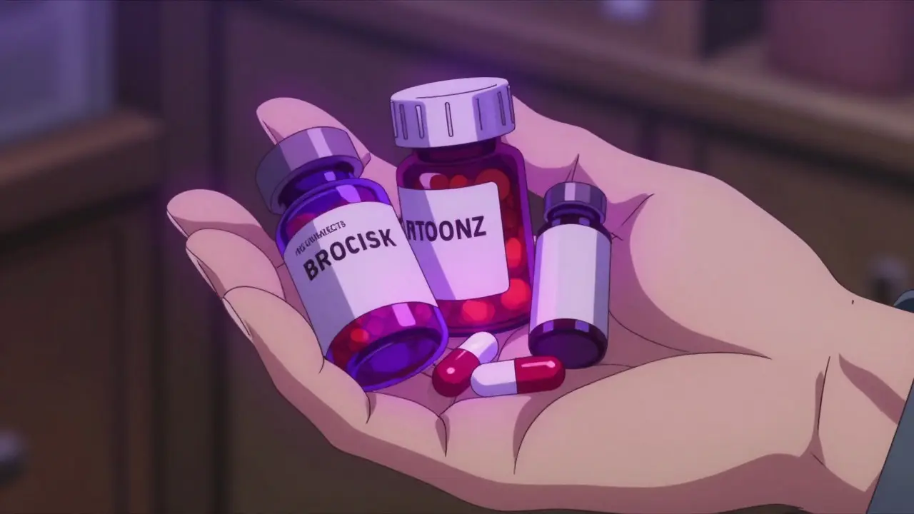 Pill bottles glowing ominously, representing high-risk medications causing delirium.