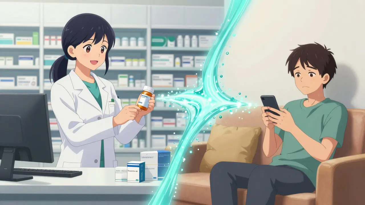 Split scene showing a pharmacist and a patient connected by digital flow for online delivery