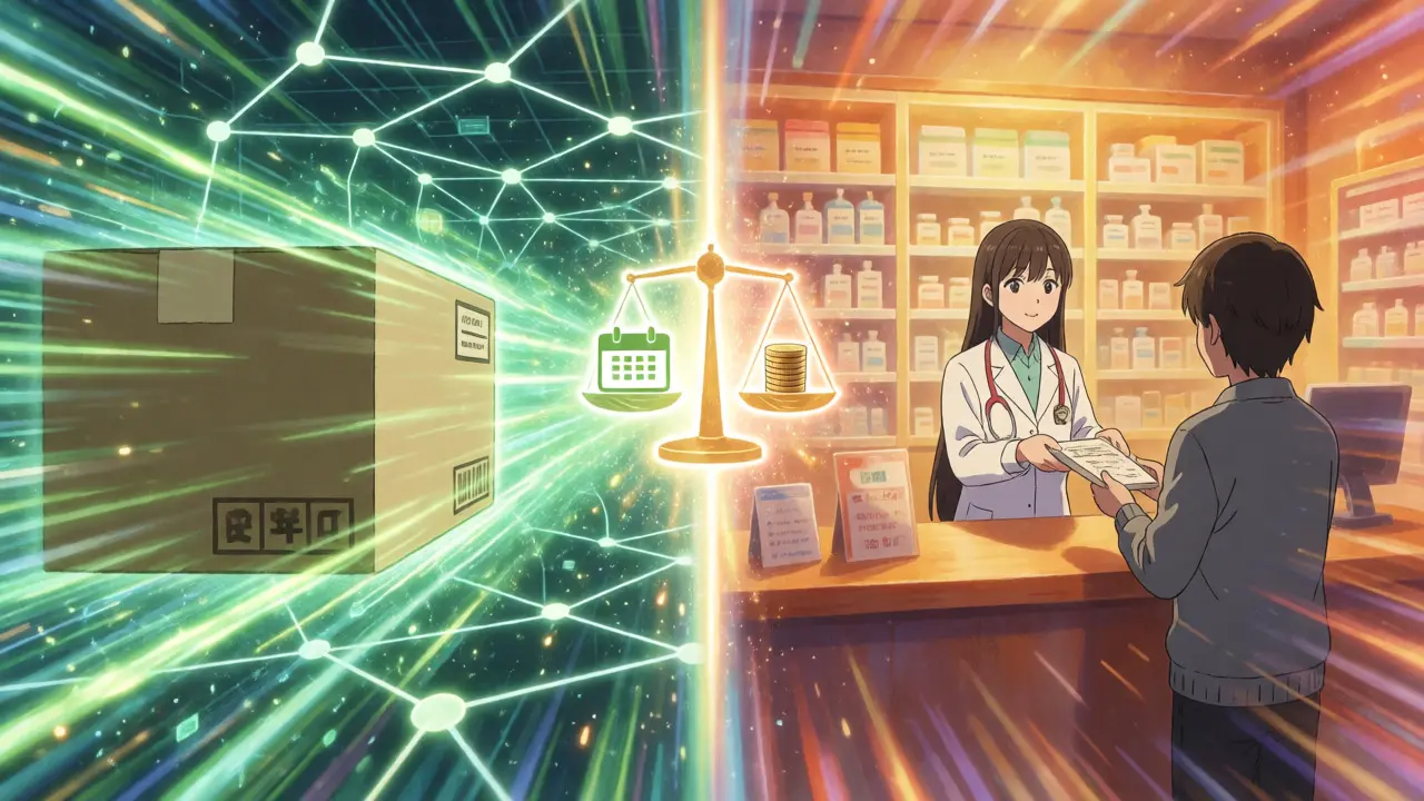 Split view comparing fast mail-order delivery and immediate local pickup