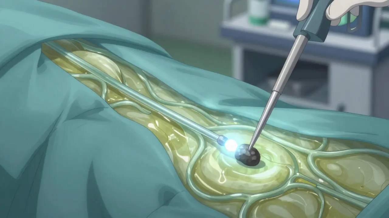 Ufotable-style art showing an endoscope removing a stone from the bile duct during ERCP