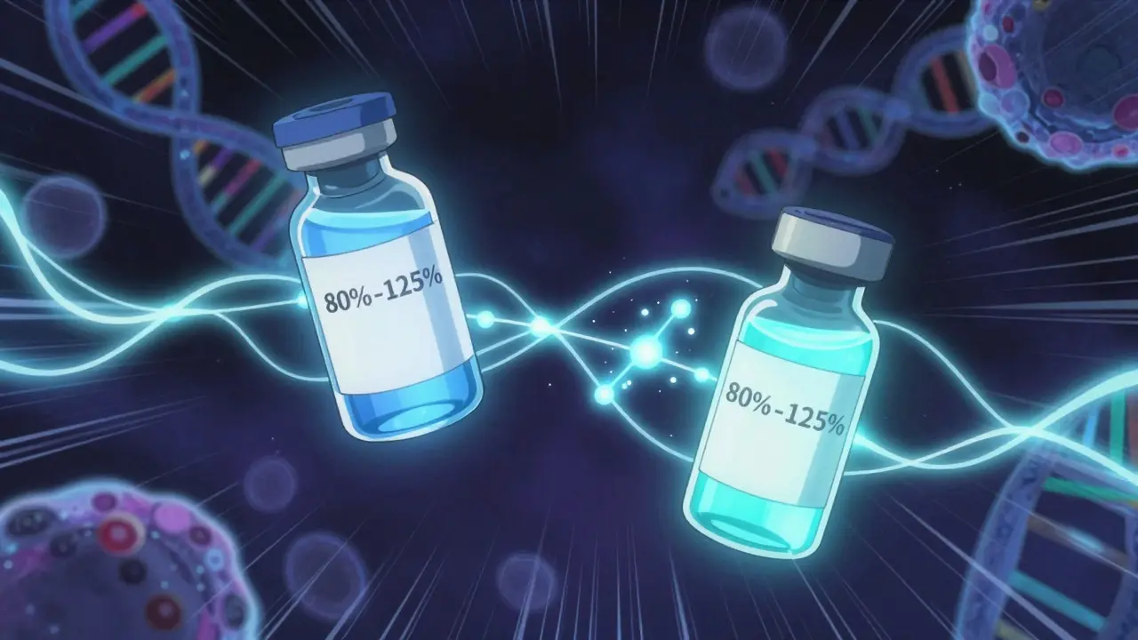 Ufotable-style depiction of two drug vials comparing bioequivalence with energy waves