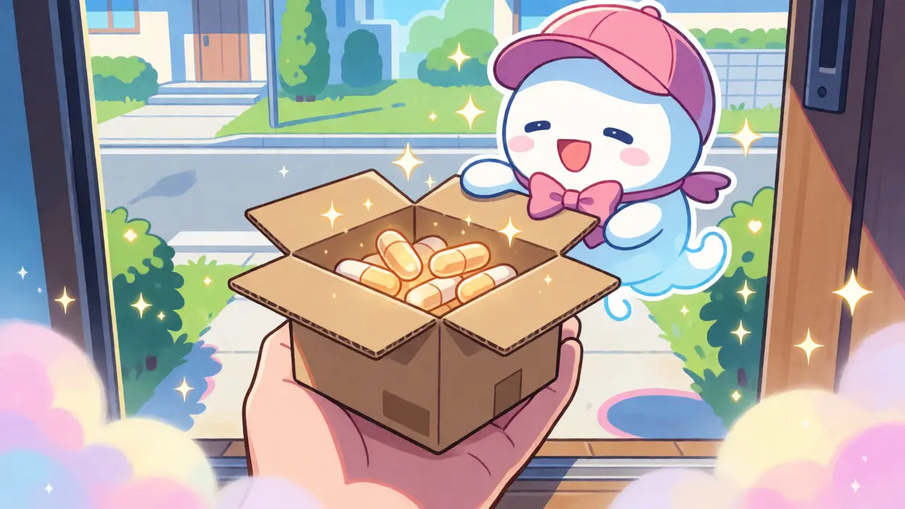 Anime-style delivery of a medication box with glowing pills and sparkles.