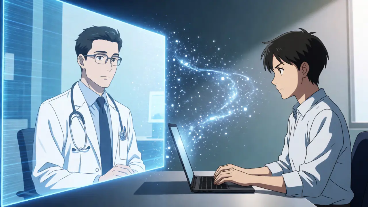 Anime-style video consultation with a doctor and patient exchanging data.